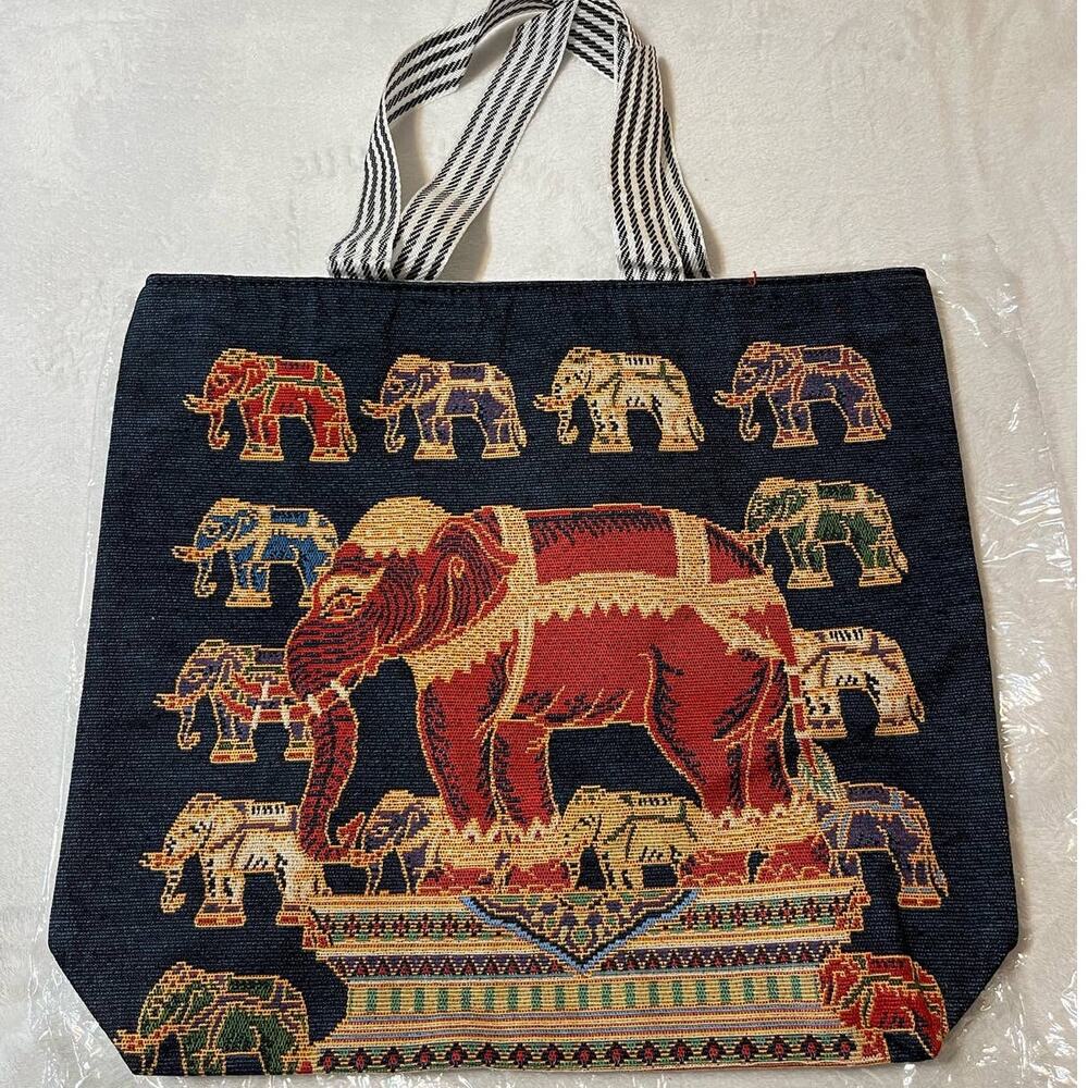 Knitted Canvas Elephant Tote Bag Vintage Embroidery Knitted Shoulder Bag Tote